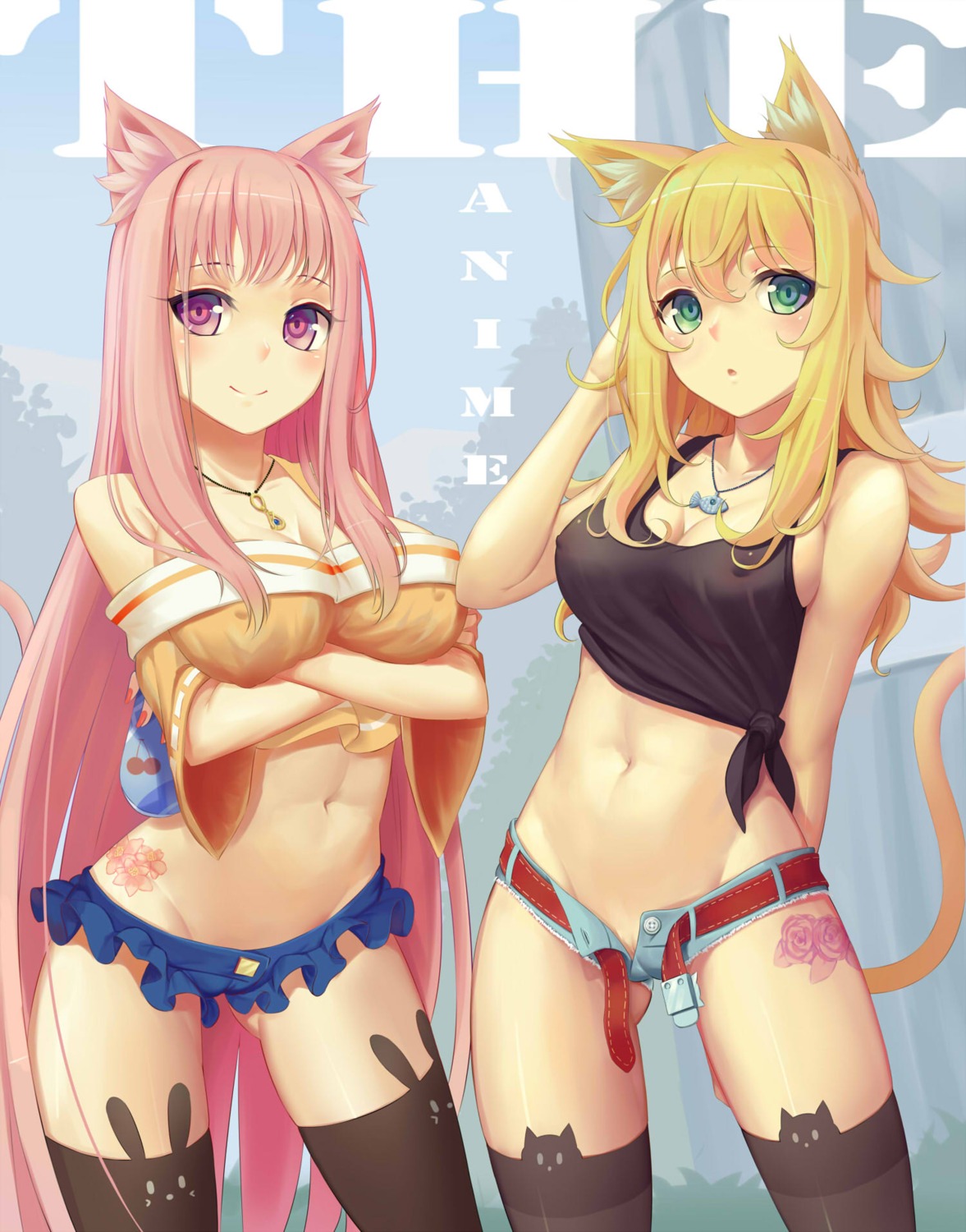 animal_ears breast_hold cameltoe cleavage erect_nipples jpeg_artifacts nekomimi no_bra nopan sonikey0_0 tail tattoo thighhighs