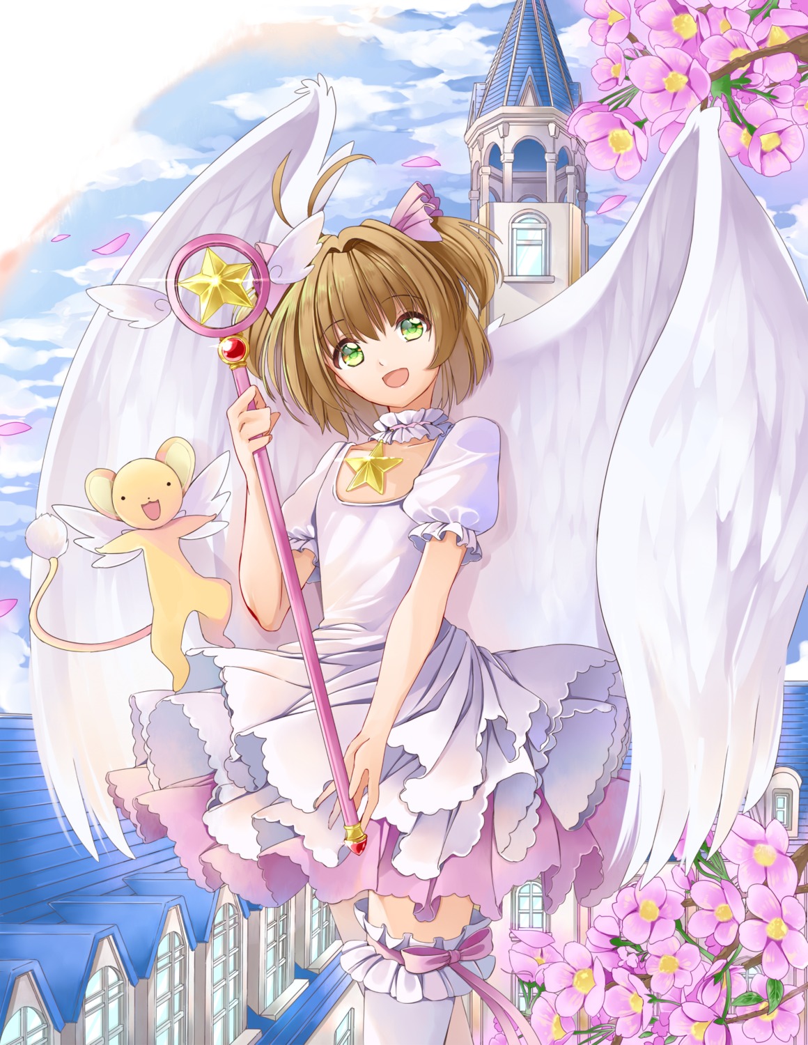 card_captor_sakura dress kerberos kinomoto_sakura thighhighs weapon wings yuutarou_(pixiv822664)