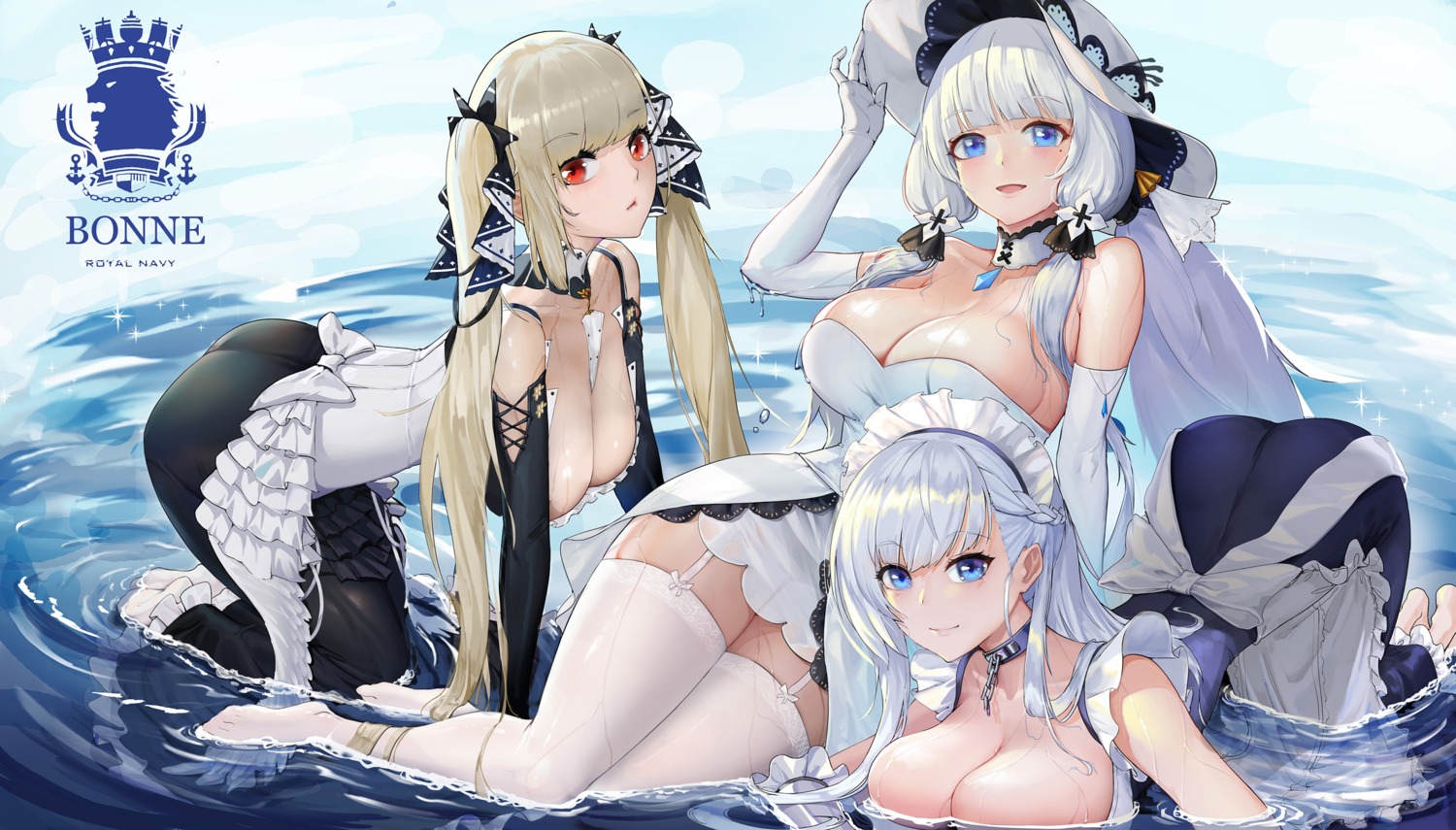 ass azur_lane belfast_(azur_lane) cleavage dress formidable_(azur_lane) genera-x gothic_lolita illustrious_(azur_lane) lolita_fashion maid no_bra see_through stockings thighhighs wet wet_clothes