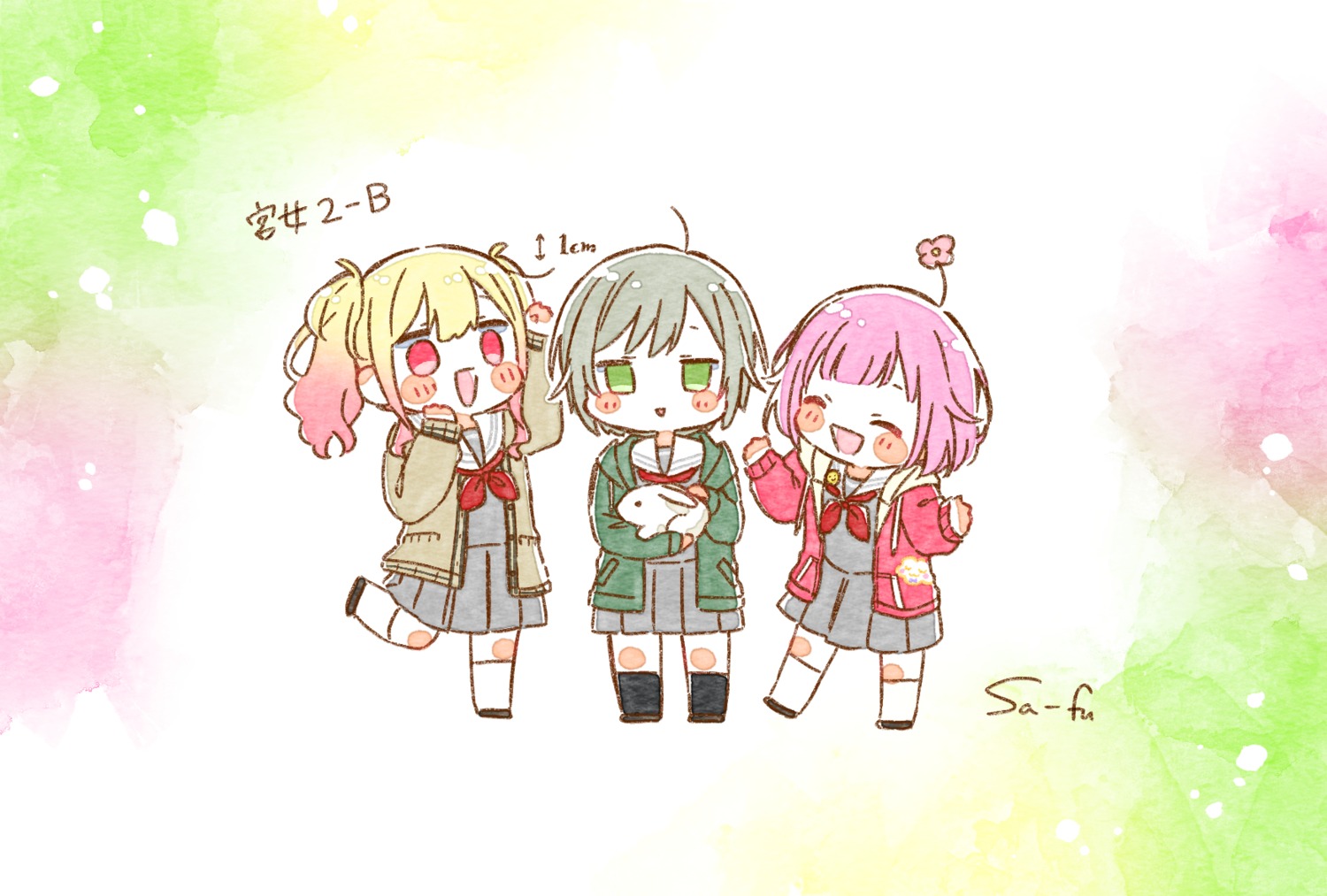 chibi hinomori_shiho ootori_emu project_sekai sa-fu seifuku sweater tenma_saki