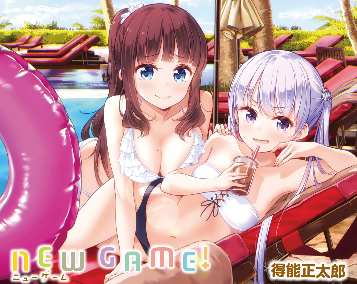 bikini breast_hold cleavage new_game! suzukaze_aoba swimsuits takimoto_hifumi tokunou_shoutarou