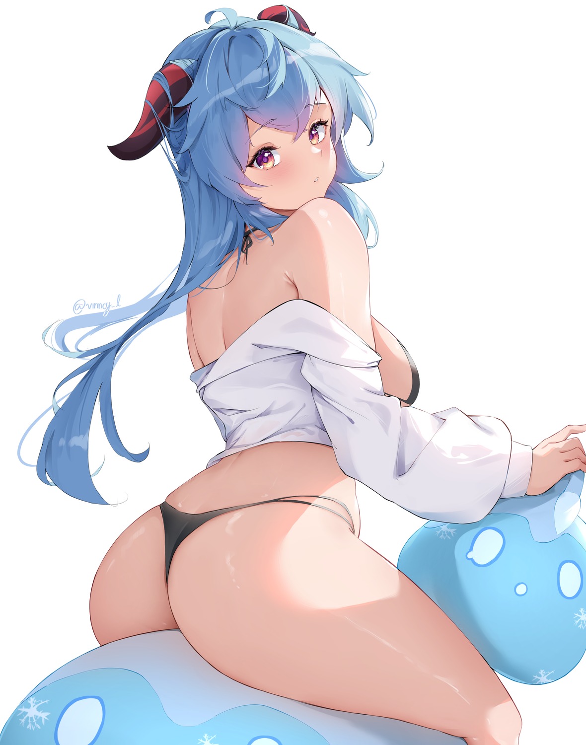 ass bikini ganyu genshin_impact horns open_shirt swimsuits thong vincent_leo