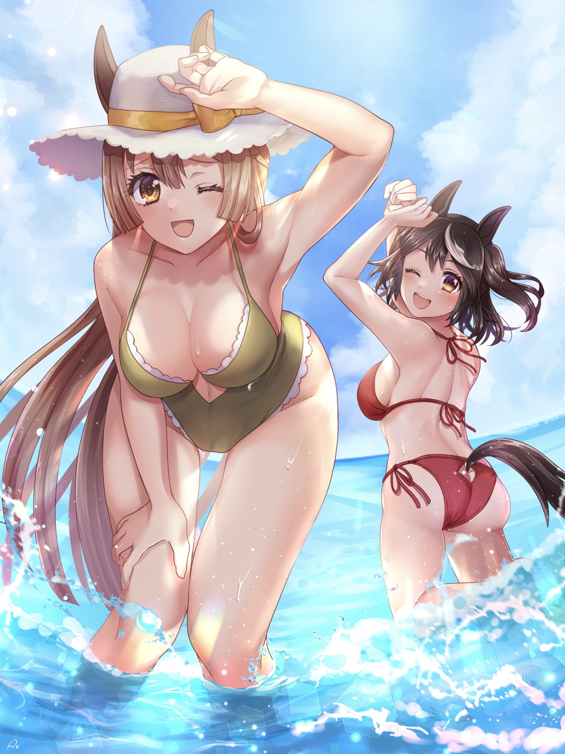 animal_ears ass bikini kitasan_black_(umamusume) rokico satono_diamond_(umamusume) swimsuits tail uma_musume_pretty_derby wet