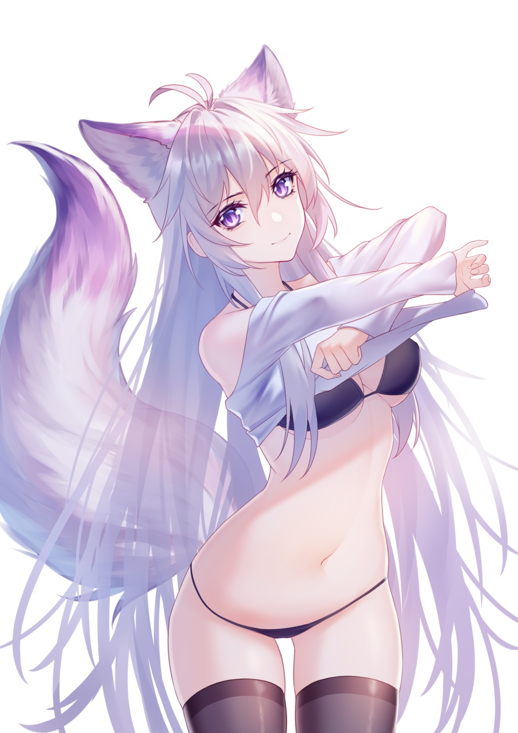 animal_ears artist_revision bikini kirby_d_a kitsune shirt_lift swimsuits tail thighhighs undressing