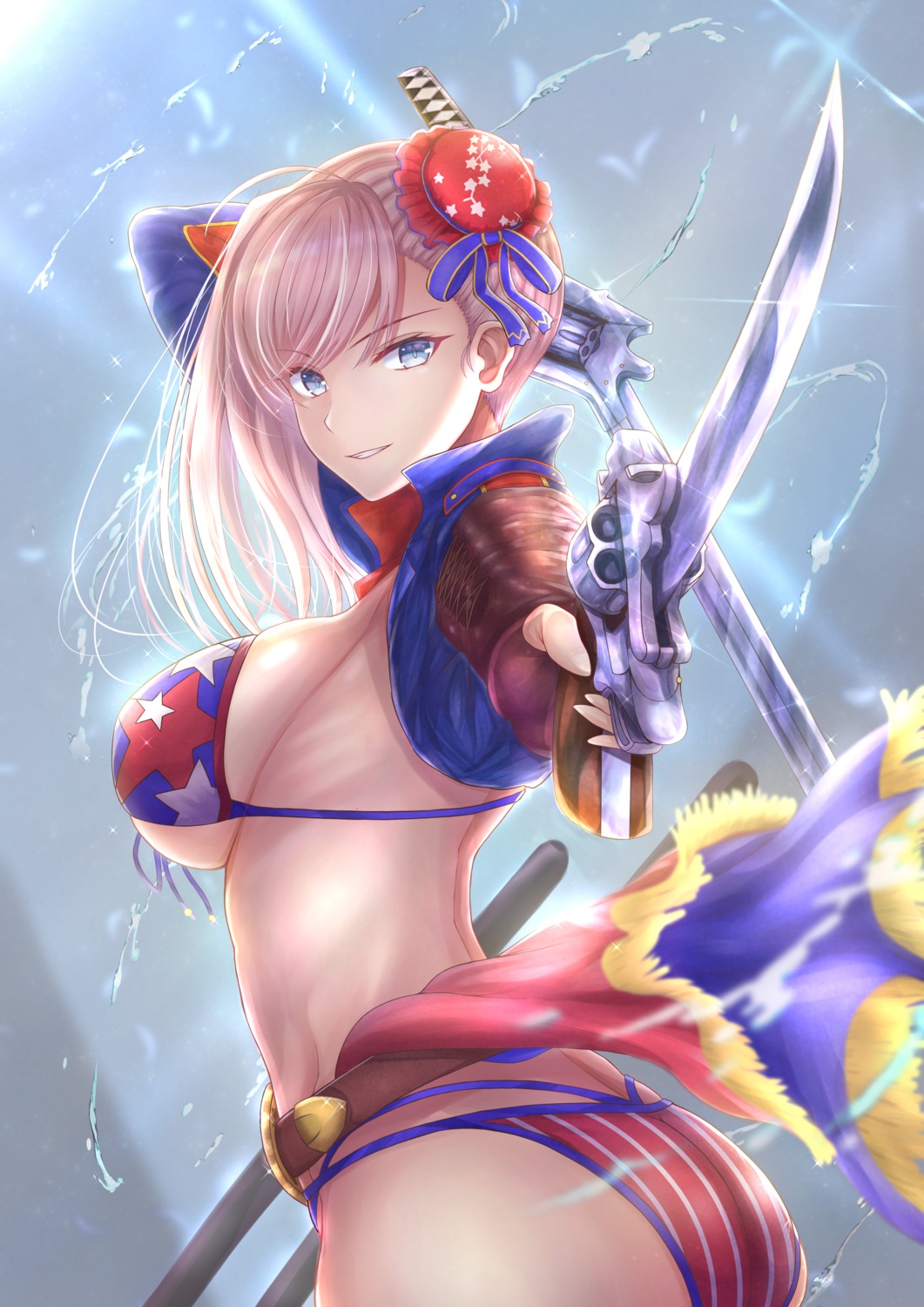 ass bikini fate/grand_order gun miyamoto_musashi_(fate) penguintake swimsuits sword underboob