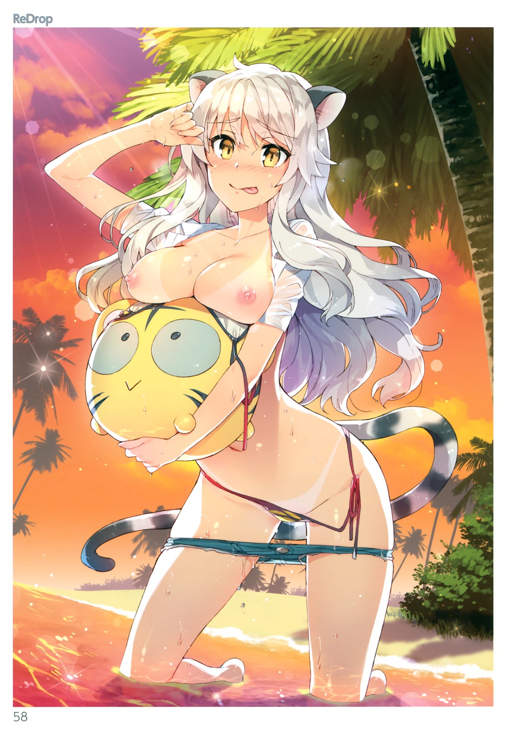 animal_ears bikini breasts nipples open_shirt redrop see_through swimsuits tail tan_lines toranoana wet wet_clothes