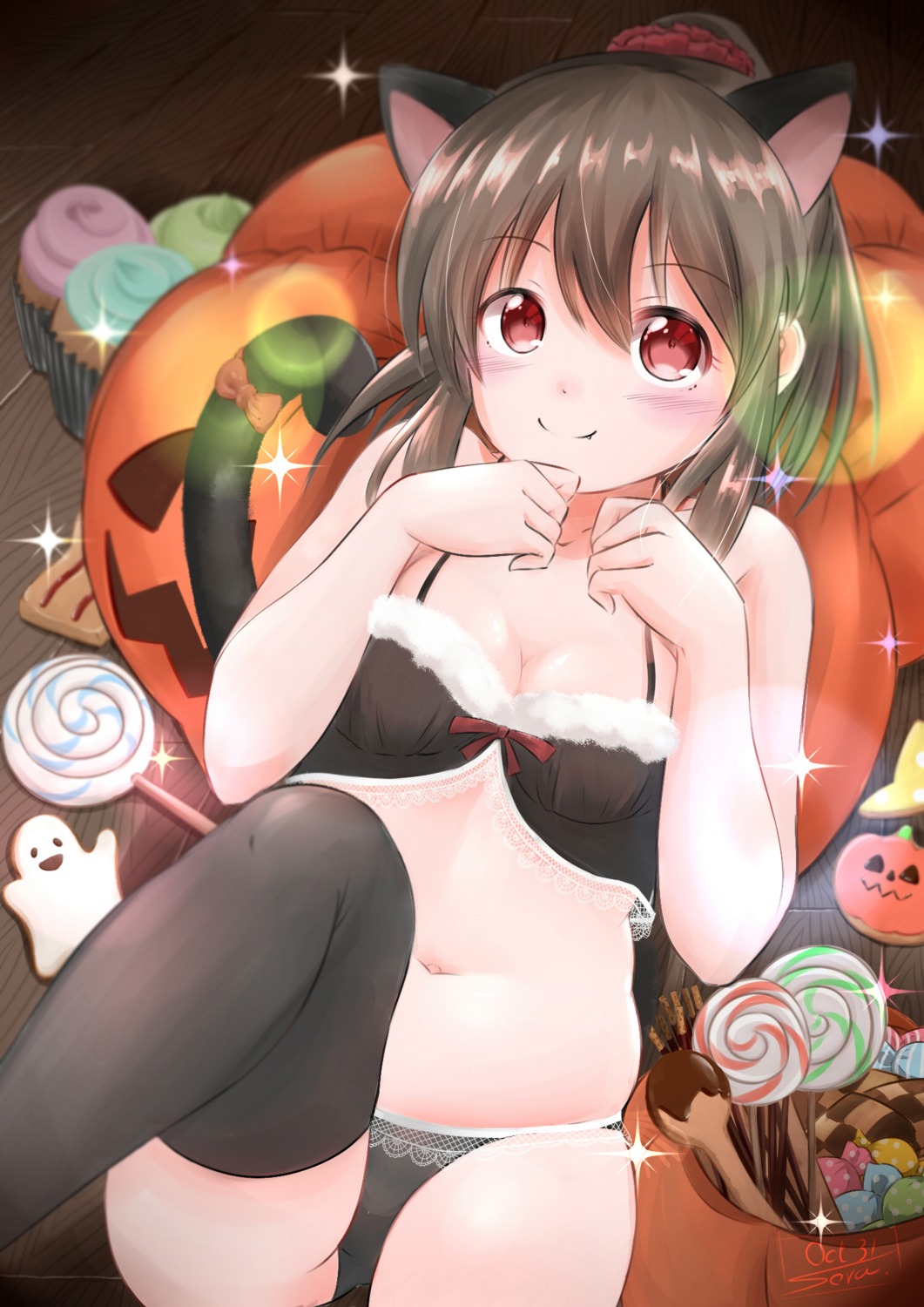 animal_ears bra breast_hold cleavage halloween hori_yuuko pantsu sora_(silent_square) tail the_idolm@ster the_idolm@ster_cinderella_girls thighhighs