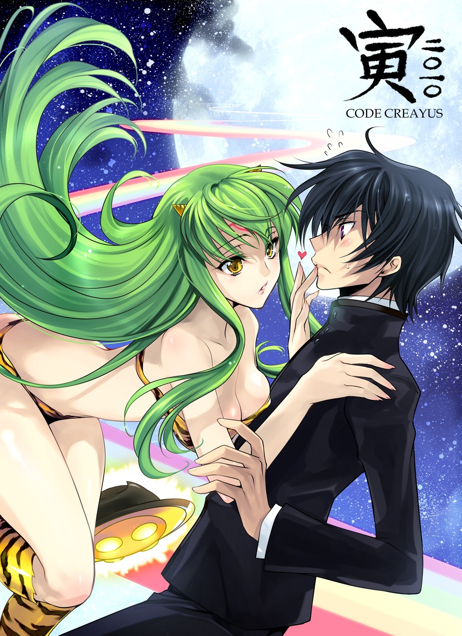 bikini c.c. cleavage code_geass cosplay horns lelouch_lamperouge rangetsu swimsuits urusei_yatsura