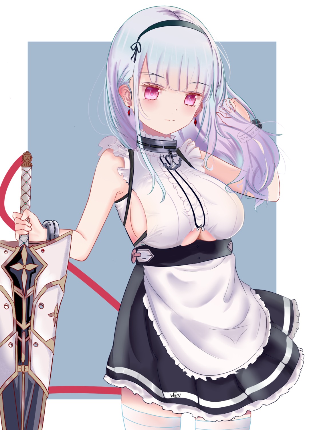 azur_lane dido_(azur_lane) maid no_bra sword thighhighs underboob whin