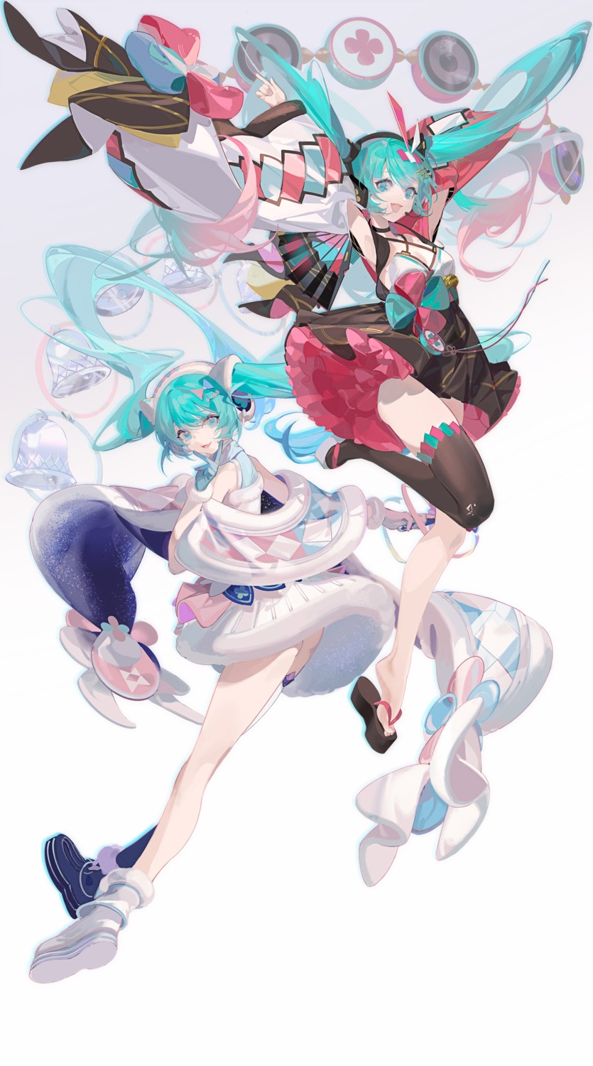 cleavage hatsune_miku headphones japanese_clothes magical_mirai no_bra samo_(shichun_samo) skirt_lift thighhighs vocaloid