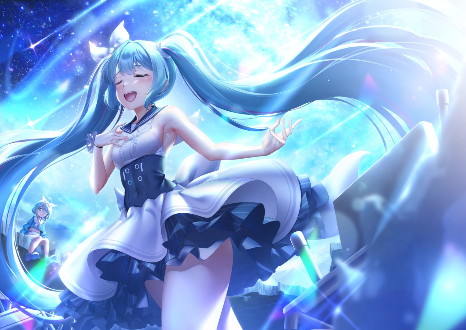 arona_(blue_archive) blue_archive dress hatsune_miku ken_ill skirt_lift vocaloid