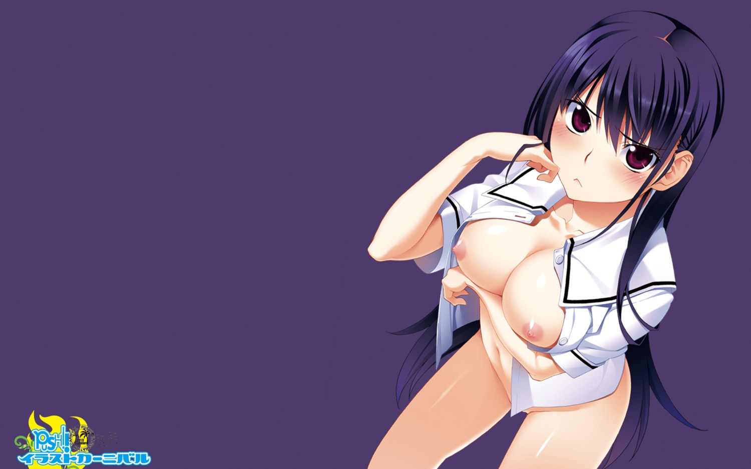 bottomless breast_hold breasts grisaia grisaia_no_kajitsu grisaia_no_rakuen nipples no_bra open_shirt sakaki_yumiko wallpaper watanabe_akio