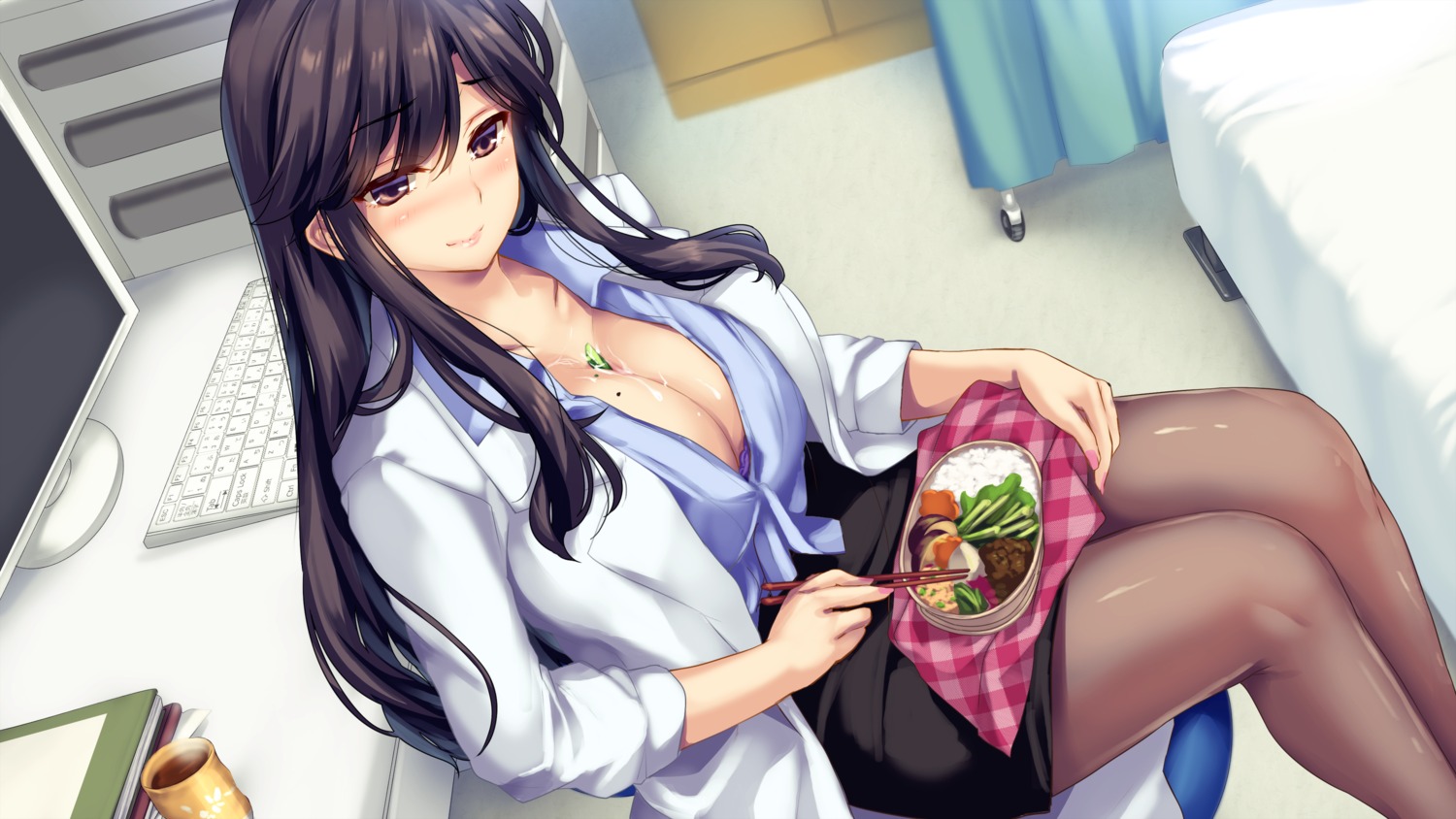 amagi_ryou boku_to_kanojo_(joi)_no_shinsatsu_nisshi bra cleavage cream game_cg monety open_shirt pantyhose prekano