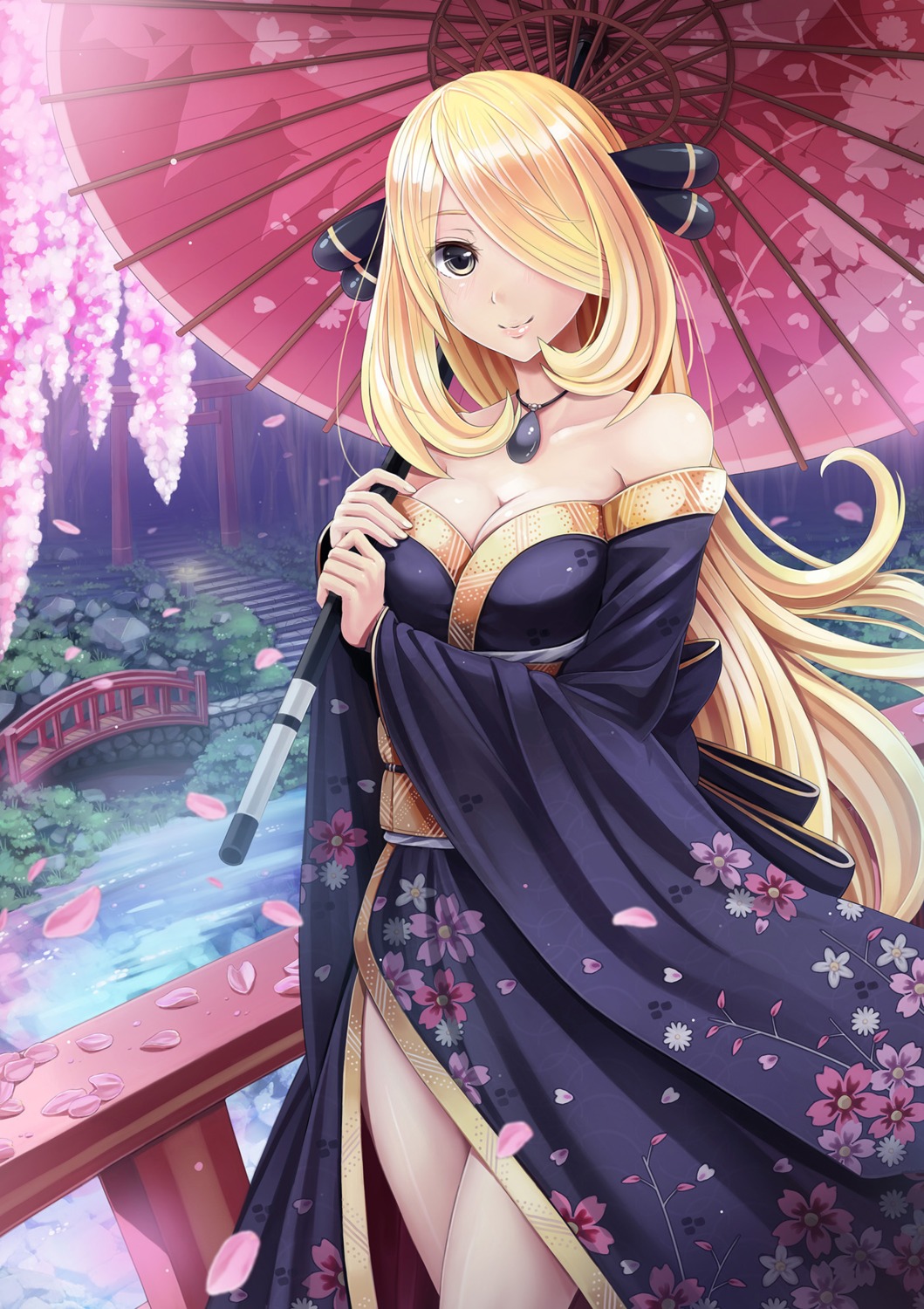 cleavage kimono no_bra pokemon shirona_(pokemon) sunimu umbrella