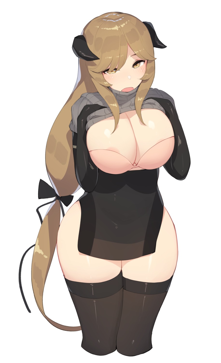 areola arknights bra ce-_-3 horns meteorite_(arknights) shirt_lift sweater thighhighs