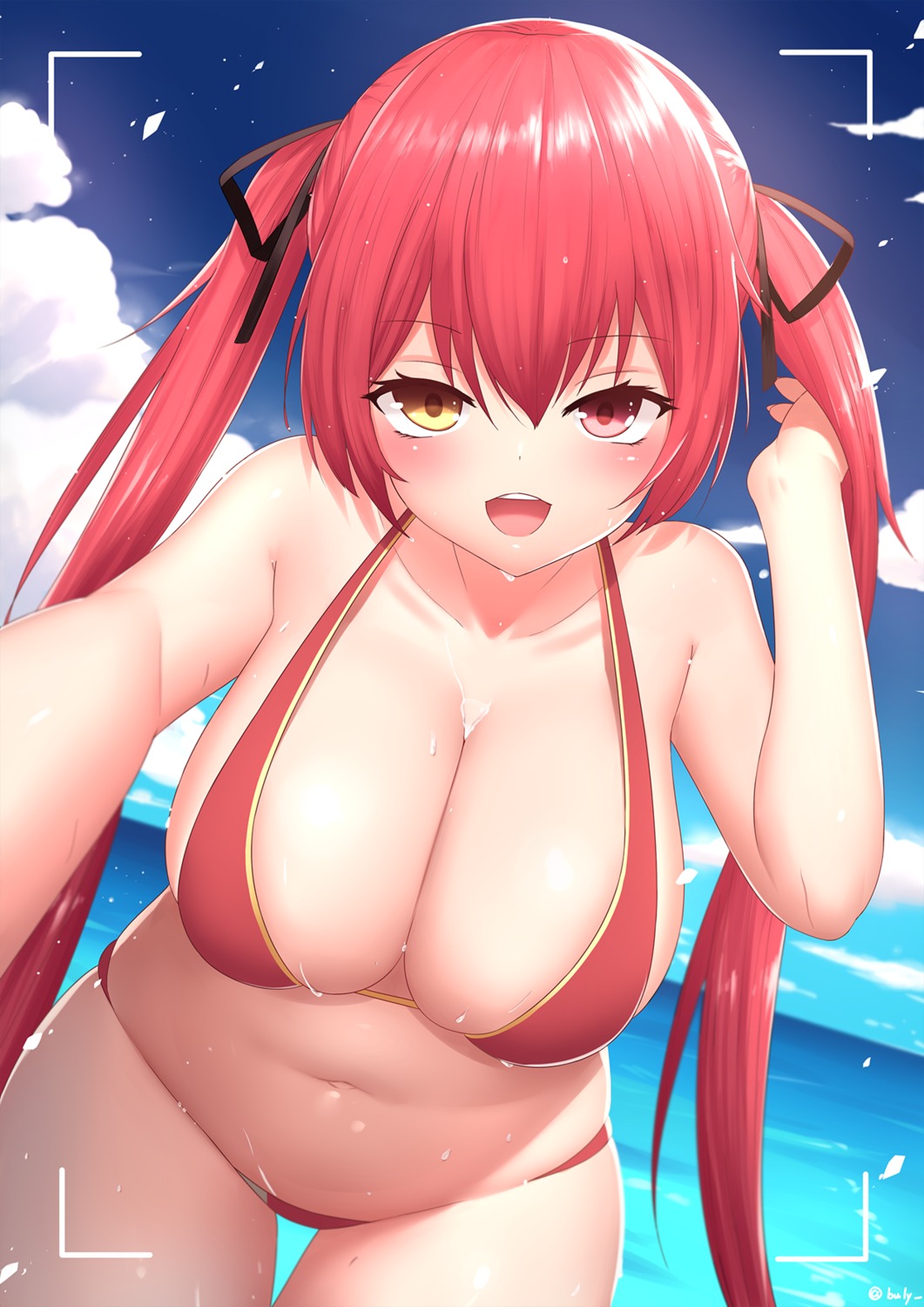 bikini bu_li heterochromia hololive houshou_marine selfie swimsuits wet