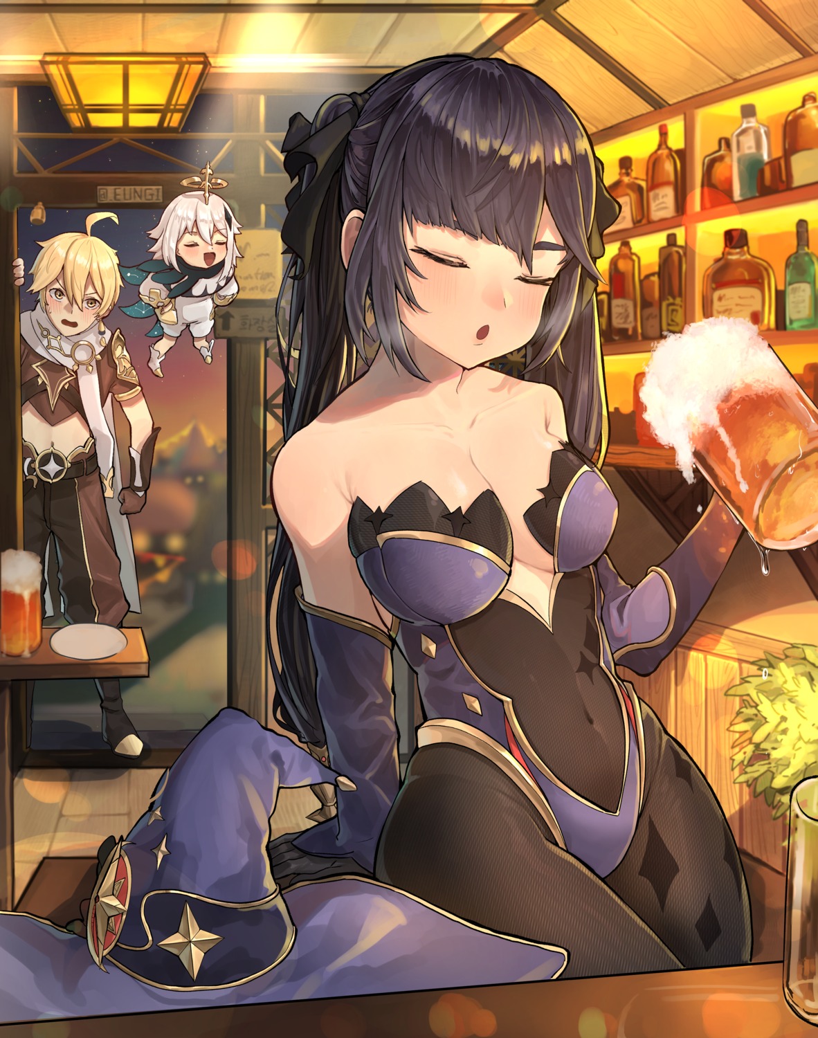 armor eungi genshin_impact leotard mona_megistus no_bra pantyhose witch