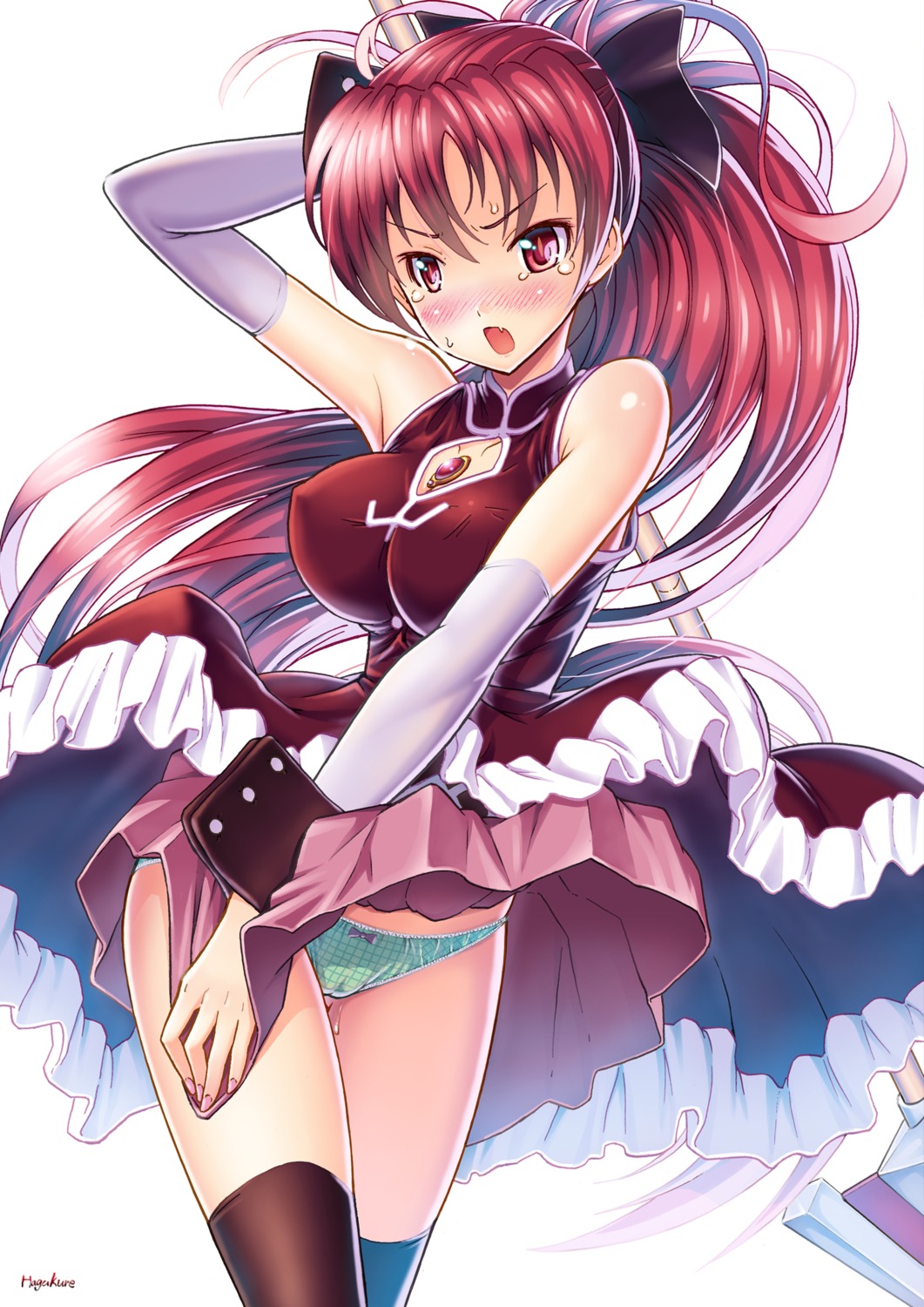 cameltoe dress erect_nipples number10_(hagakure) pantsu puella_magi_madoka_magica sakura_kyouko skirt_lift thighhighs weapon