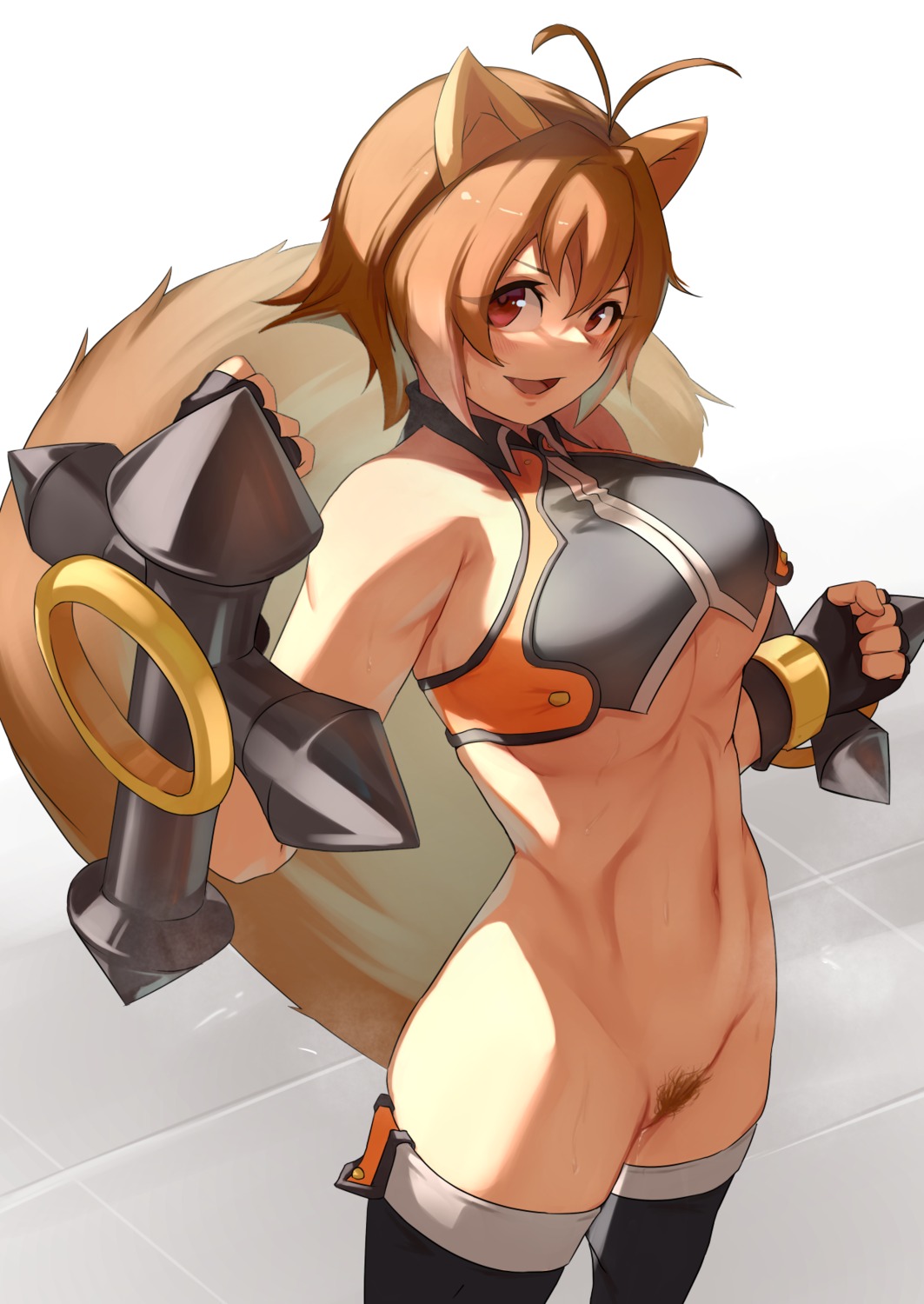 animal_ears blazblue bottomless kasseus_maximus makoto_nanaya no_bra pubic_hair pussy_juice tail thighhighs underboob