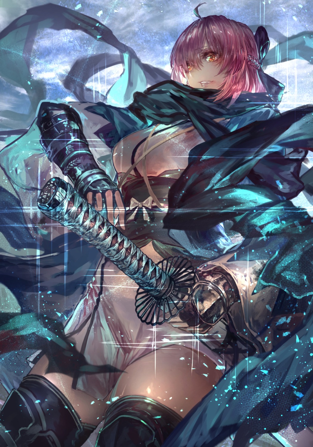 fate/grand_order japanese_clothes okita_souji_(fate) signo_aaa sword thighhighs
