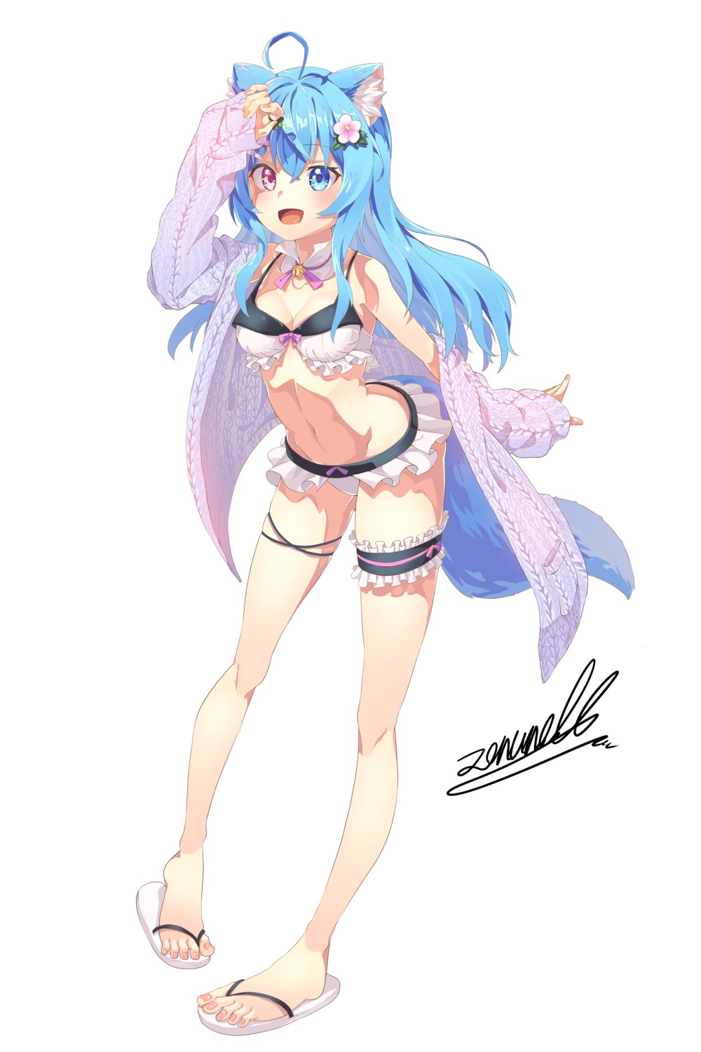 animal_ears bikini cleavage feet garter heterochromia open_shirt sweater swimsuits tail zonunoll