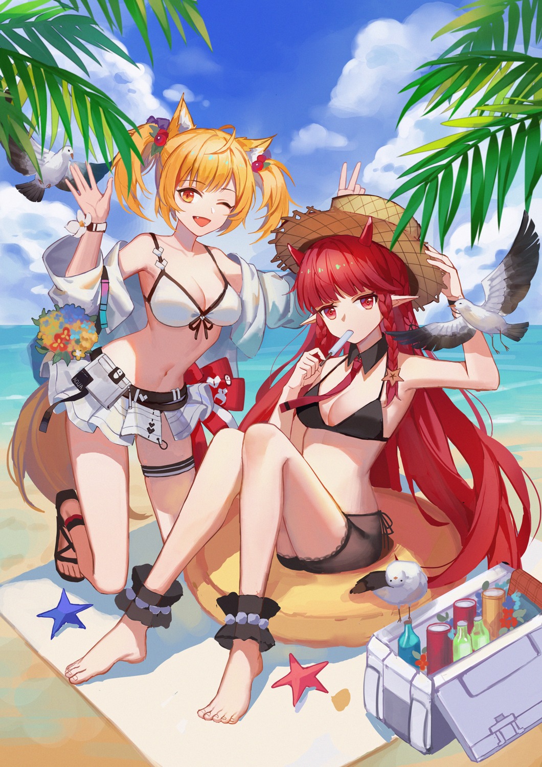 animal_ears arknights bikini cleavage feet garter horns lingye_mikazuki open_shirt pointy_ears sora_(arknights) swimsuits tail vigna_(arknights)