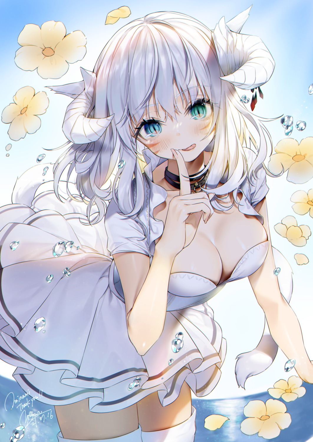 animal_ears dress final_fantasy final_fantasy_xiv horns miqo'te nekomimi no_bra skirt_lift tail thighhighs yana_mori