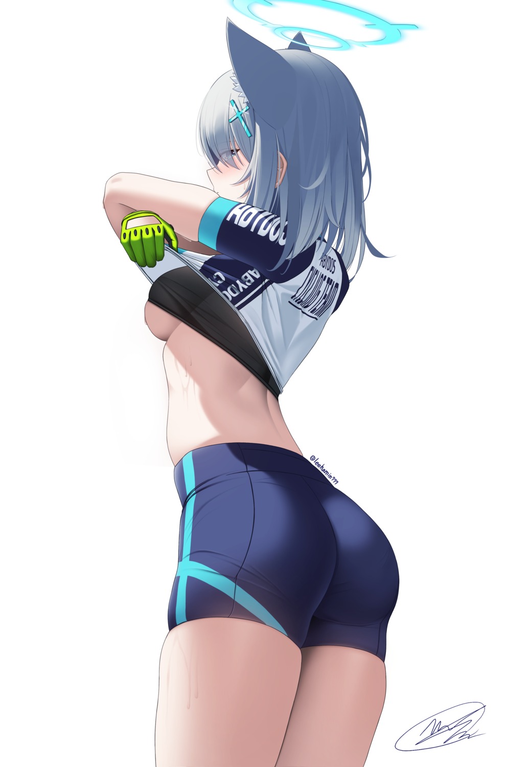 animal_ears ass bike_shorts blue_archive halo leehamin777 nekomimi no_bra shirt_lift sunaookami_shiroko undressing