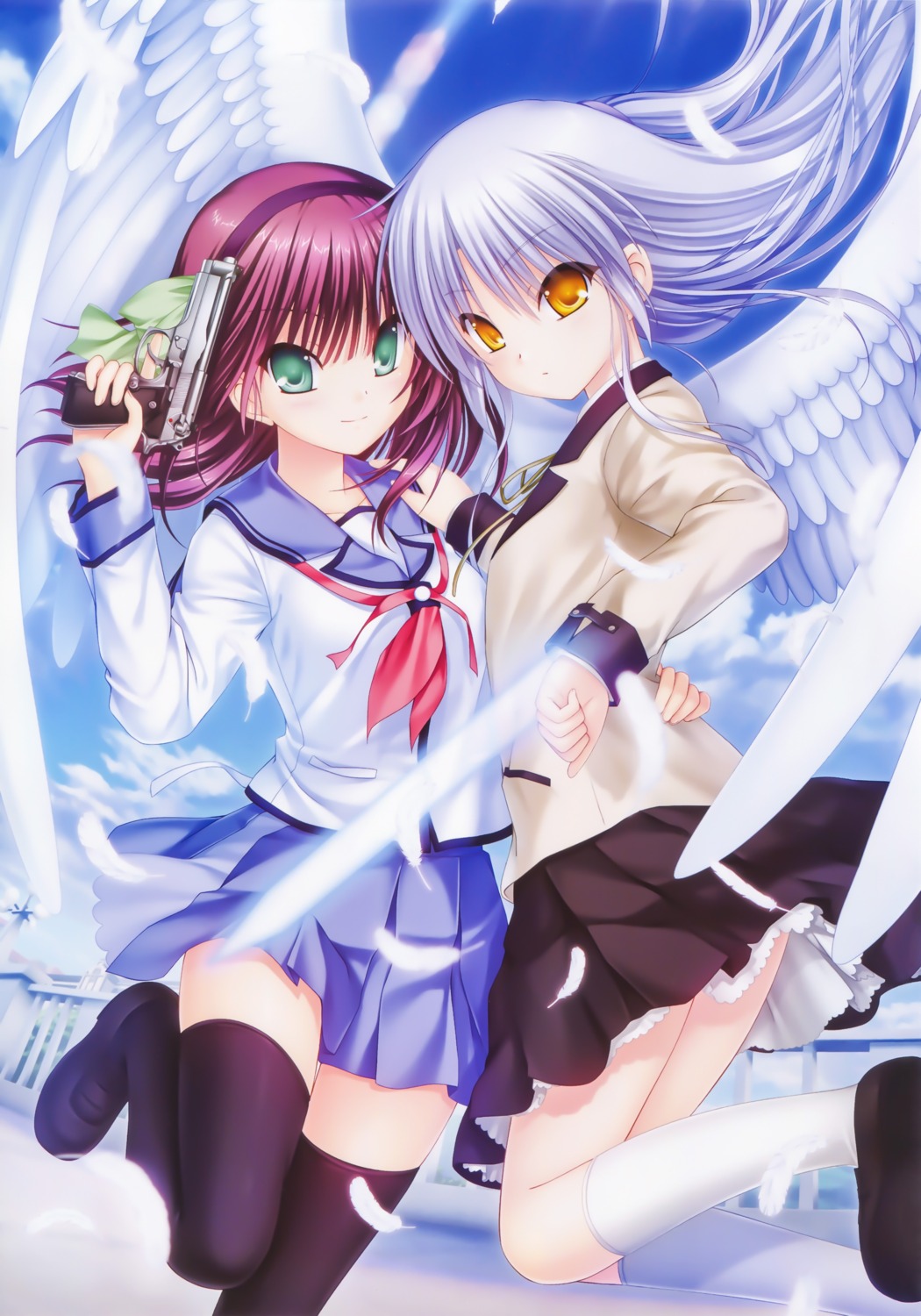 angel_beats! gun key na-ga nakamura_yuri seifuku skirt_lift tachibana_kanade thighhighs wings