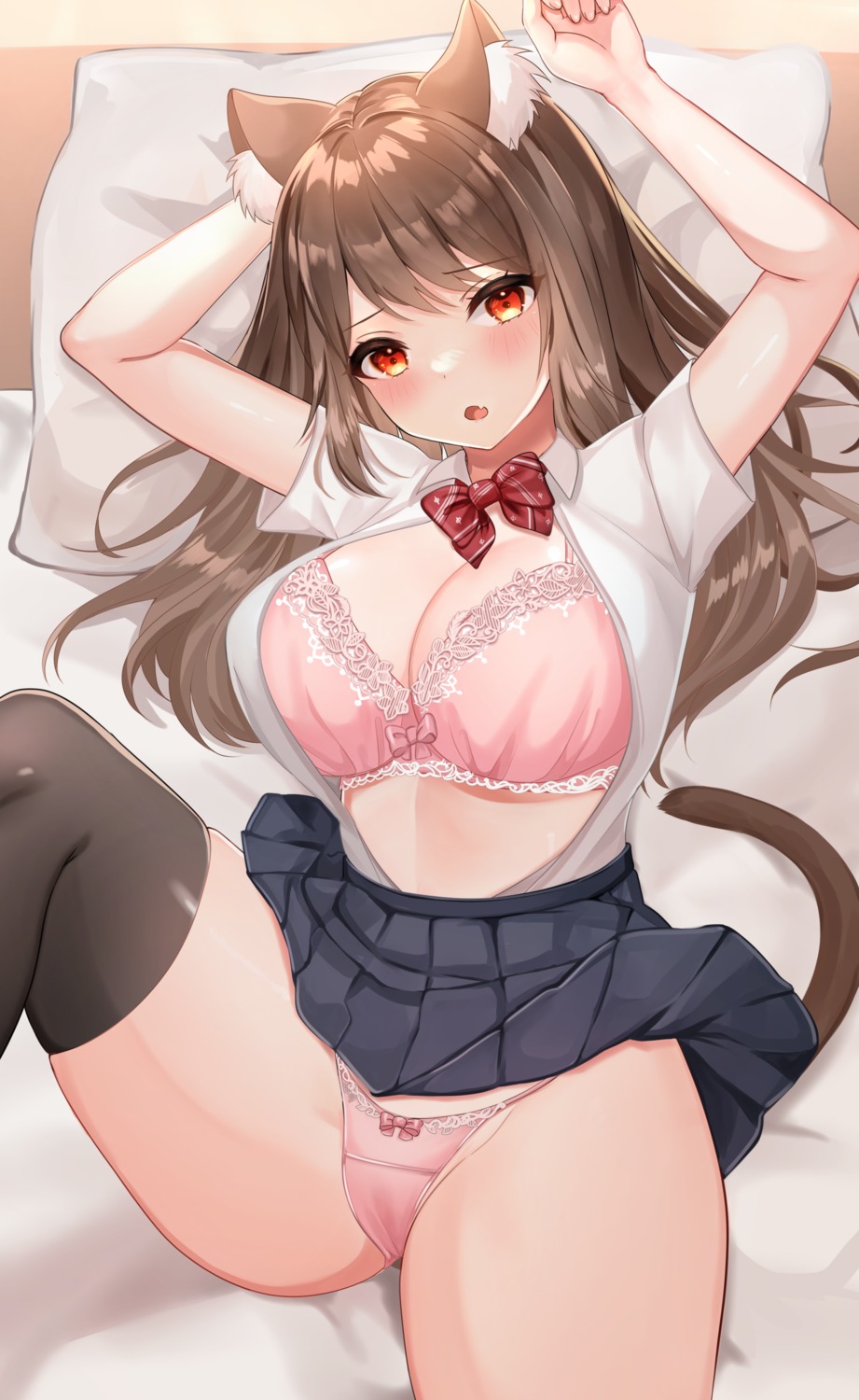 animal_ears bra cameltoe cleavage katsushika_pachi nekomimi open_shirt pantsu seifuku skirt_lift tail thighhighs