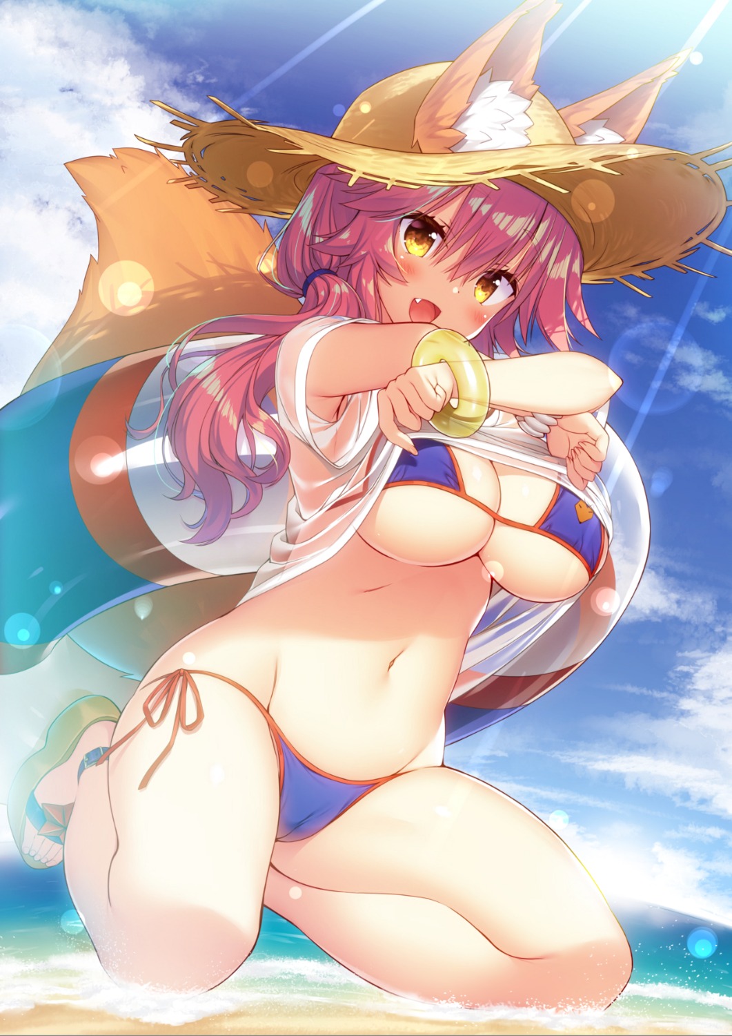 animal_ears bikini cameltoe fate/grand_order kitsune sasorigatame see_through shirt_lift swimsuits tail tamamo_no_mae undressing wet wet_clothes