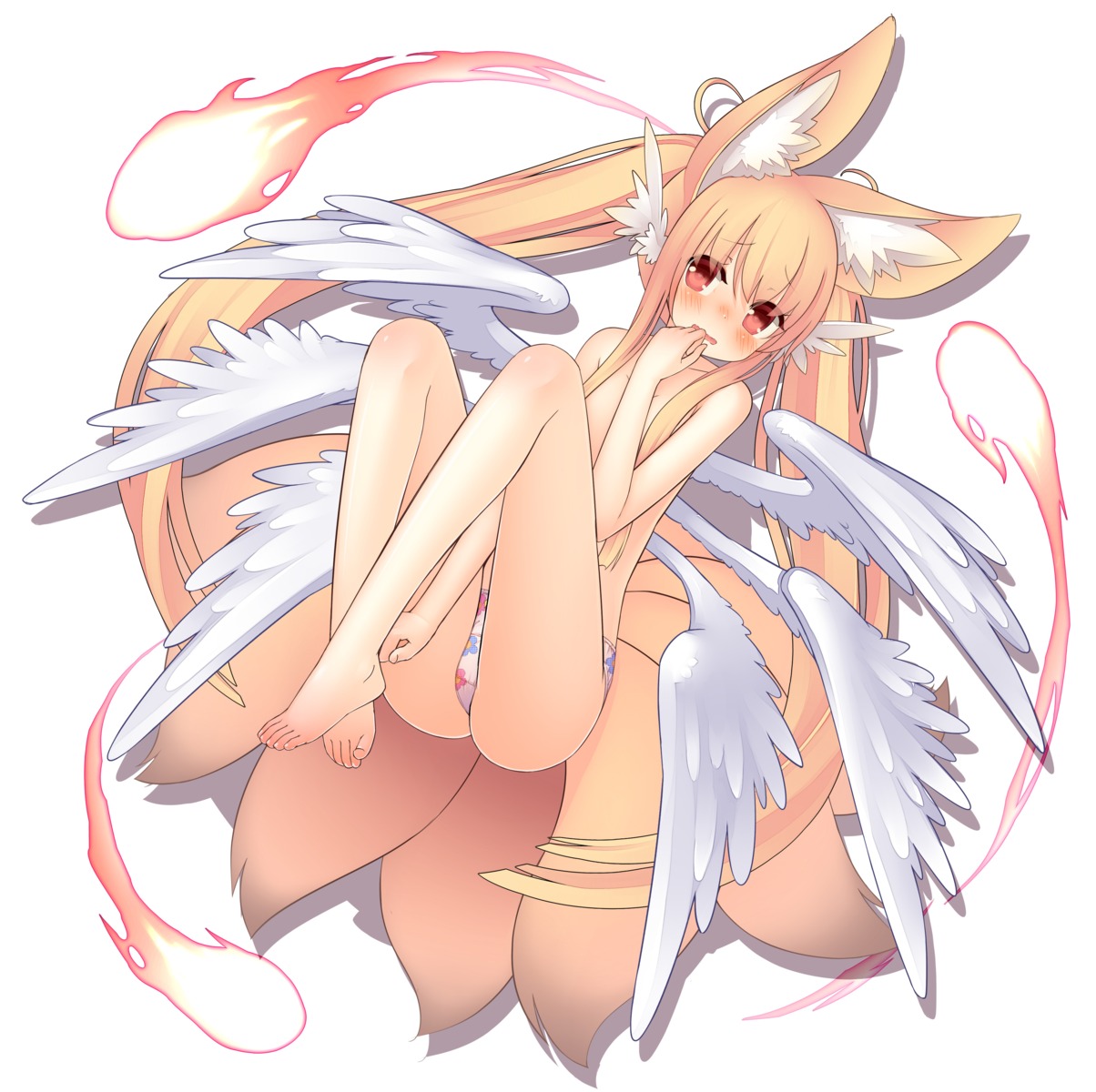 animal_ears kitsune pantsu runpu_runpu tail topless wings