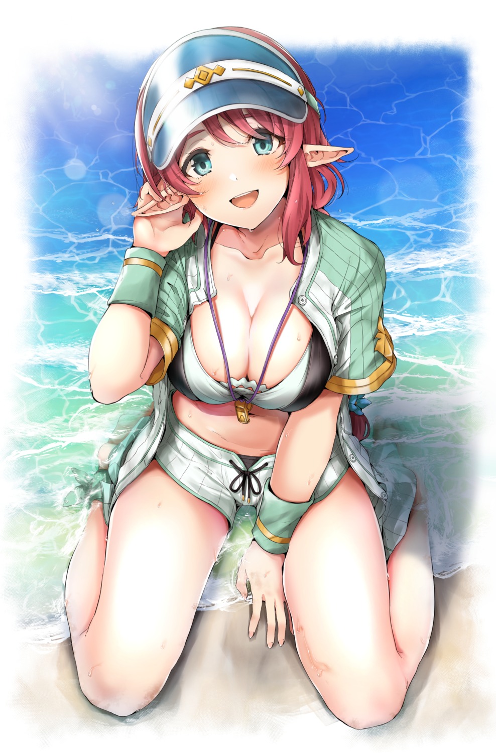 aikawa_misato amagasa_ikuta bikini cleavage open_shirt pointy_ears princess_connect princess_connect!_re:dive swimsuits wet wet_clothes