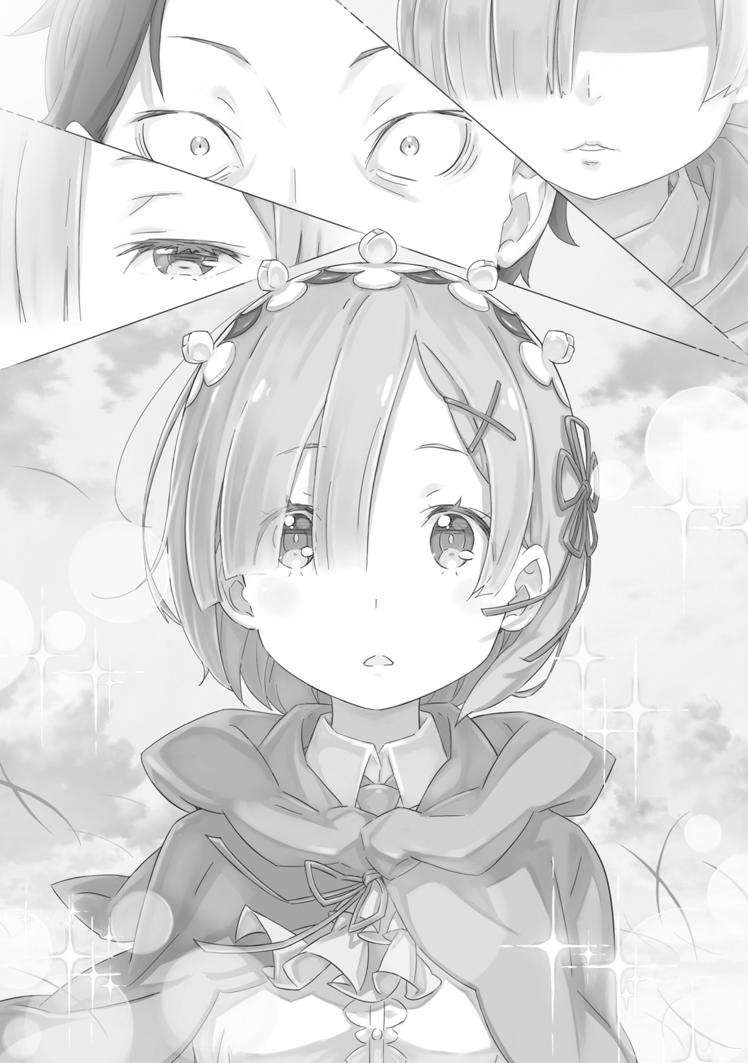 monochrome natsuki_subaru ootsuka_shinichirou re_zero_kara_hajimeru_isekai_seikatsu rem_(re_zero)