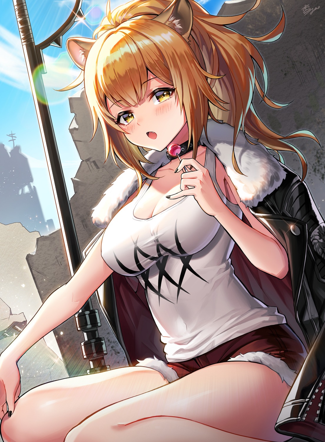 animal_ears anzumame arknights cleavage siege_(arknights) weapon