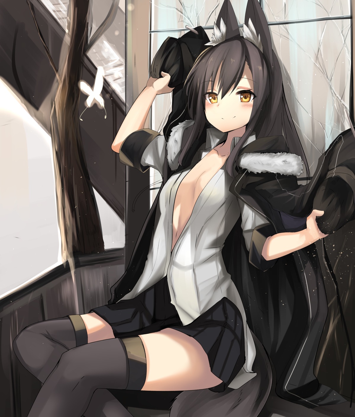 animal_ears cleavage haik kitsune no_bra open_shirt tail thighhighs