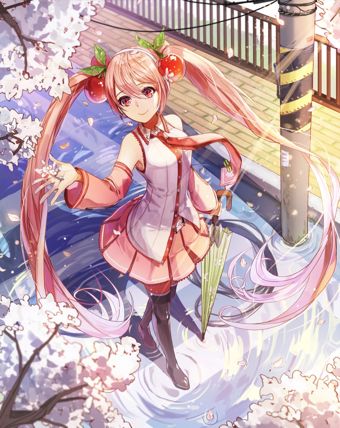 hatsune_miku headphones limobok sakura_miku thighhighs umbrella vocaloid