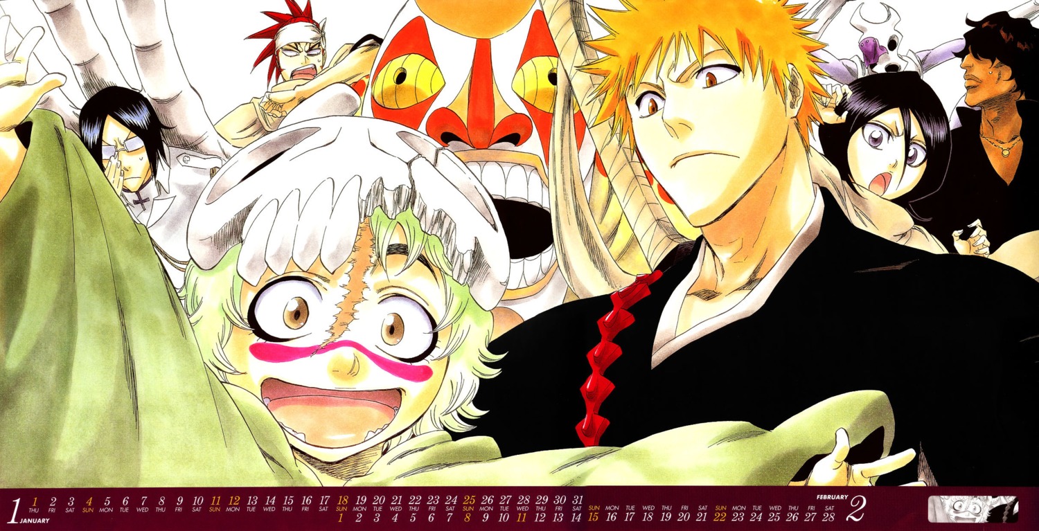 abarai_renji bleach calendar kubo_tite kuchiki_rukia kurosaki_ichigo neliel_tu_oderschvank uryuu_ishida watercolor yasutora_sado