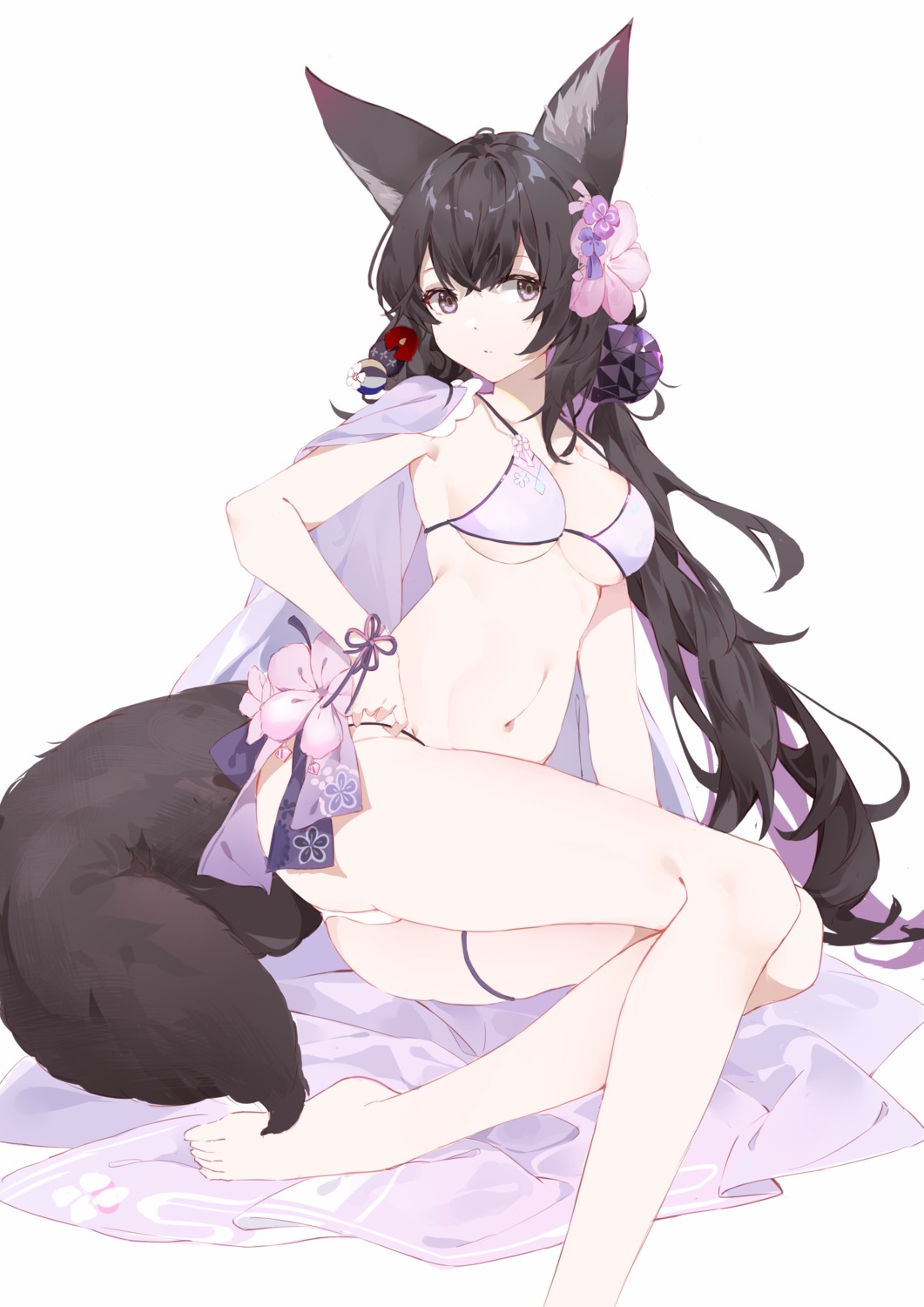 animal_ears bikini blue_archive garter kirschma kitsune kosaka_wakamo panty_pull swimsuits tail thong undressing