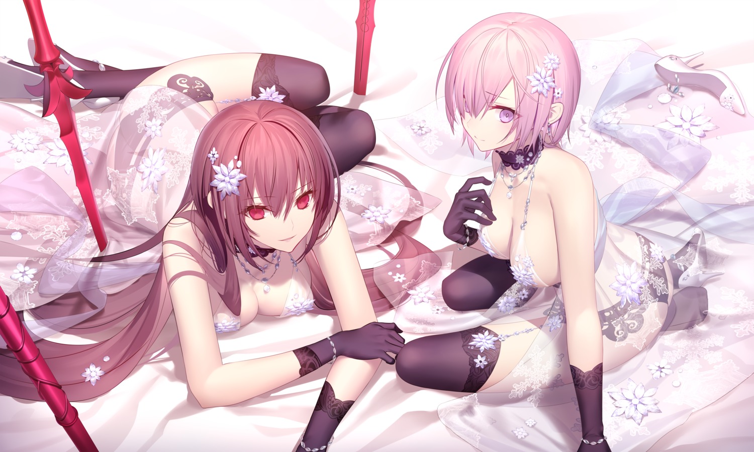 cosplay fate/grand_order garter_belt heels lingerie mash_kyrielight mashima_saki_(mashimasa) no_bra pantsu scathach_(fate/grand_order) see_through stockings thighhighs weapon