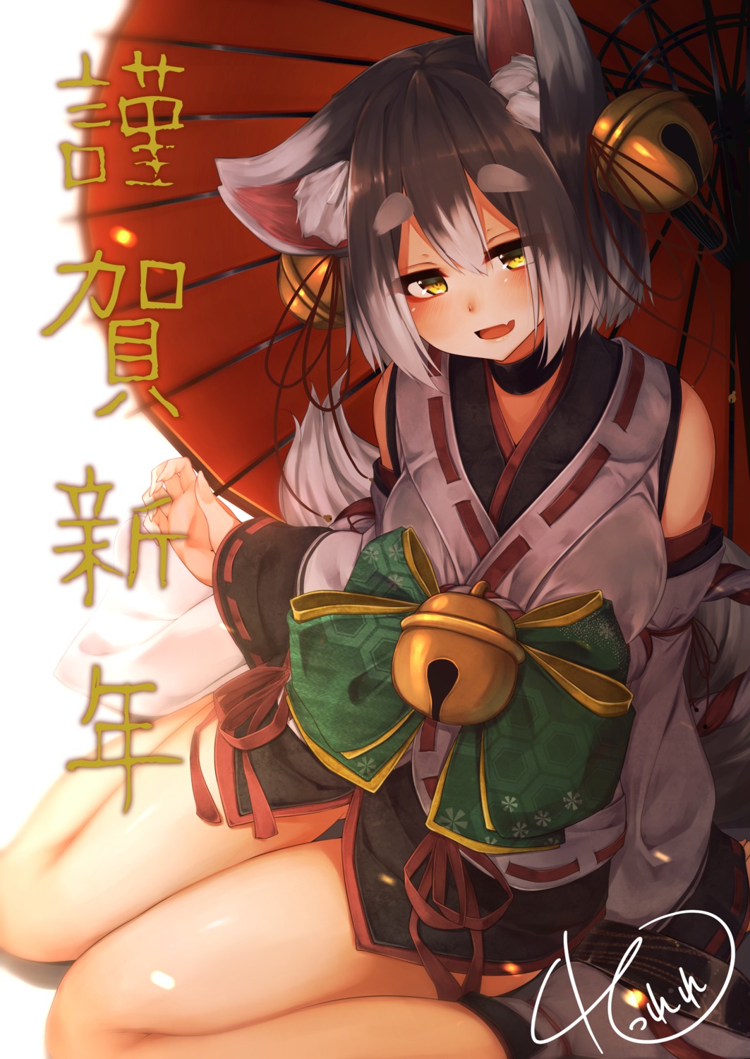 animal_ears japanese_clothes rerrere tail umbrella