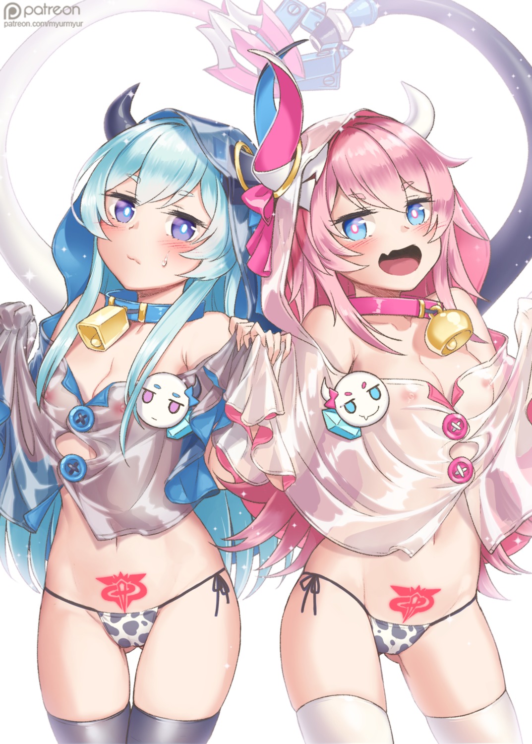 benghuai_xueyuan cameltoe honkai_impact horns liliya_olenyeva loli myurumyuru nipples no_bra open_shirt pantsu rozaliya_olenyeva see_through shirt_lift string_panties tail thighhighs