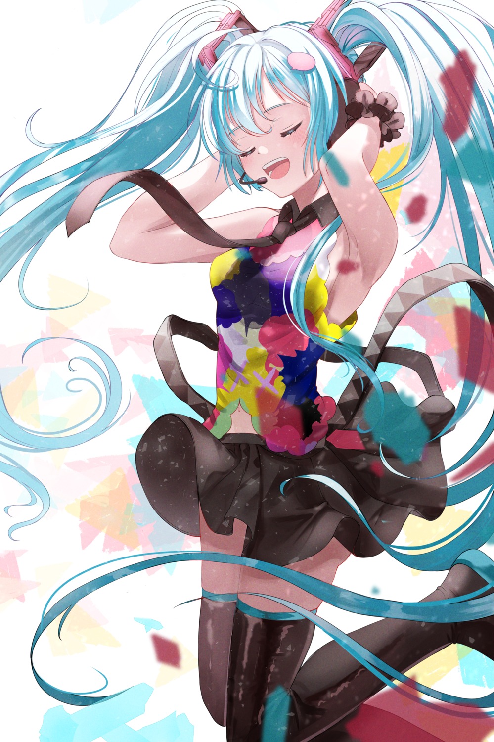 hatsune_miku headphones hya_ro skirt_lift tell_your_world_(vocaloid) thighhighs vocaloid