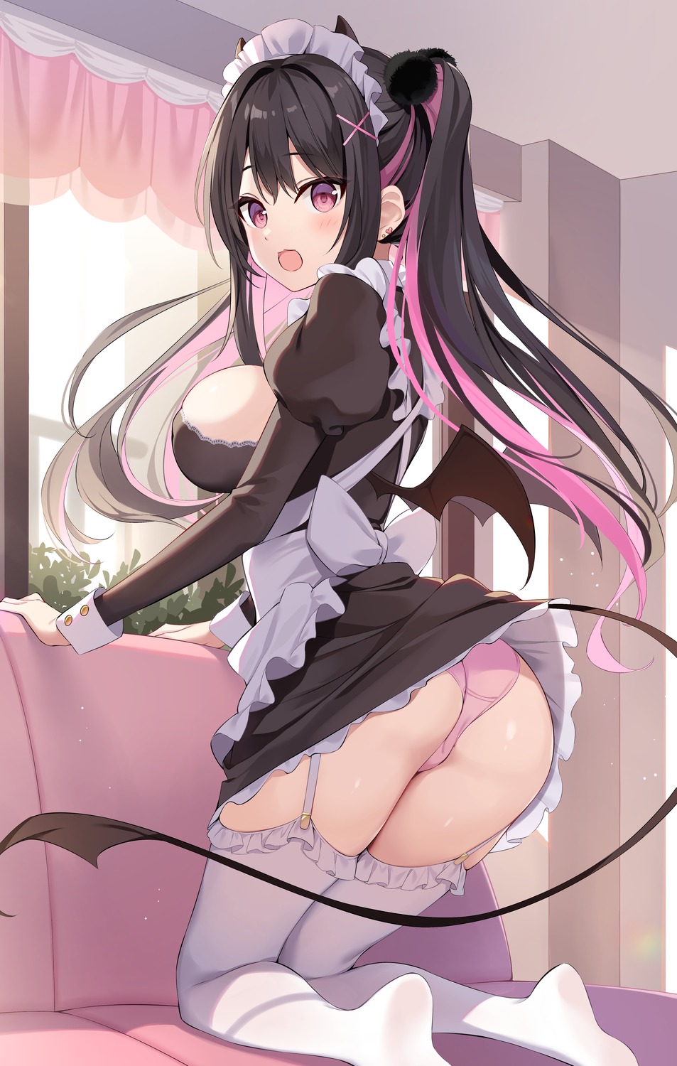 ass devil horns maid no_bra oryou pantsu skirt_lift stockings tail thighhighs thong wings