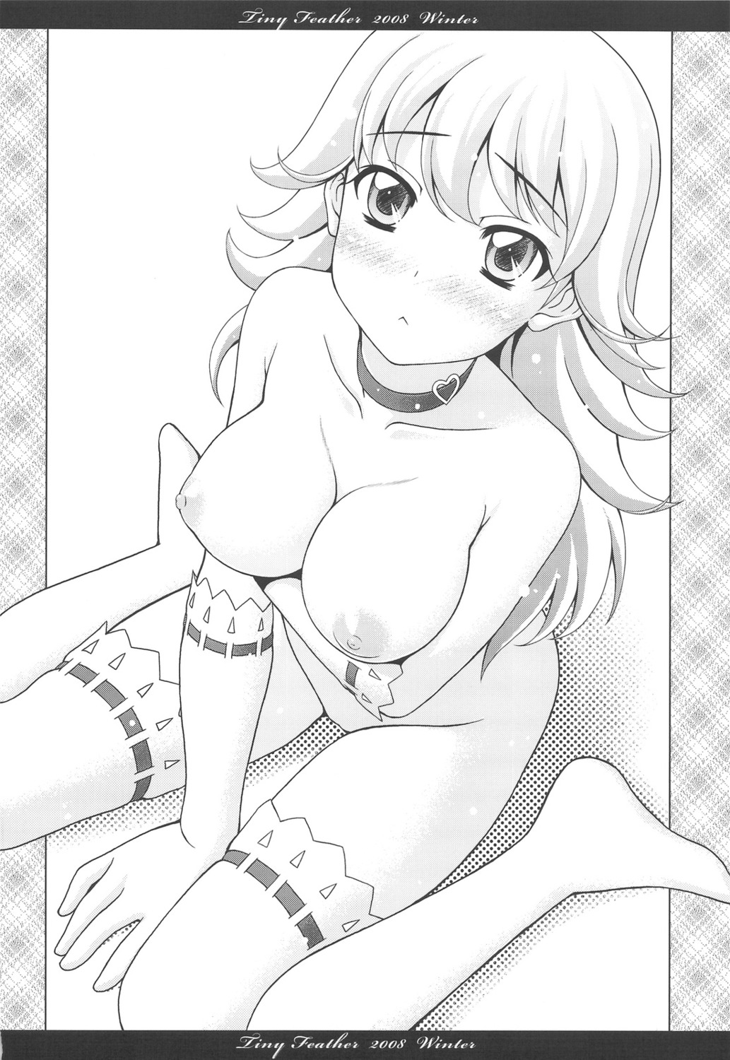 breast_hold hoshii_miki monochrome naked nipples sin-go the_idolm@ster thighhighs tiny_feather