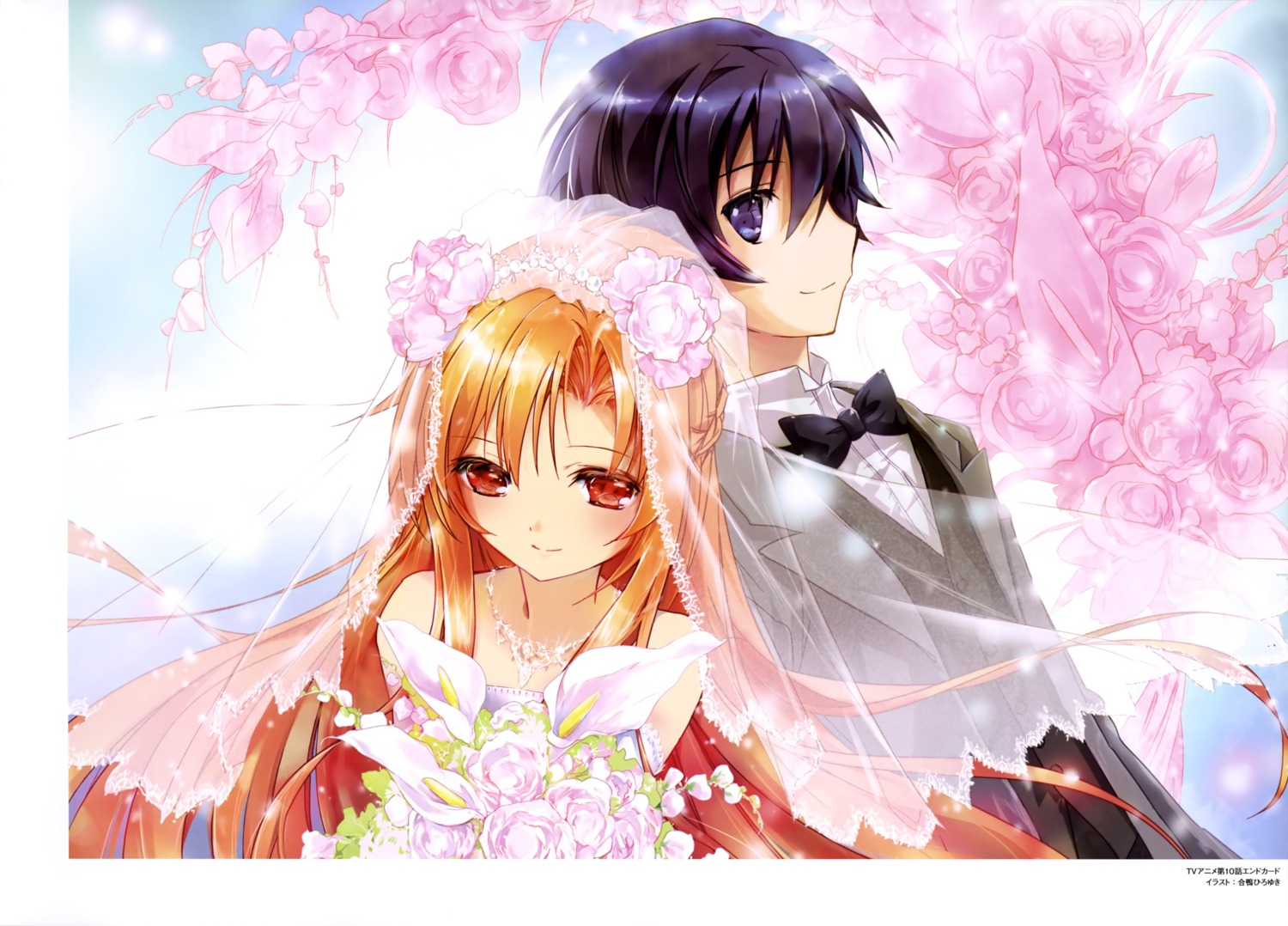 aigamo_hiroyuki asuna_(sword_art_online) dress kirito sword_art_online wedding_dress