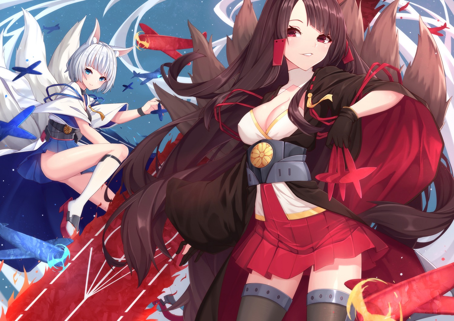 akagi_(azur_lane) animal_ears azur_lane cleavage heels japanese_clothes kaga_(azur_lane) kitsune nopan skirt_lift tail thighhighs yan_mian