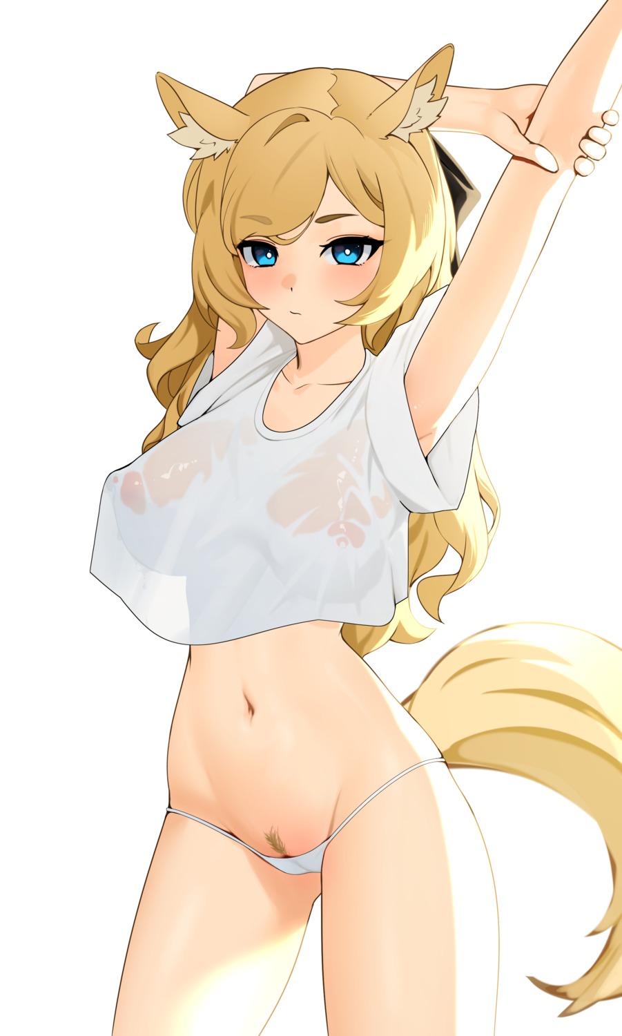 animal_ears areola arknights cameltoe erect_nipples ett no_bra pantsu pubic_hair pussy see_through tail wet_clothes whislash_(arknights)