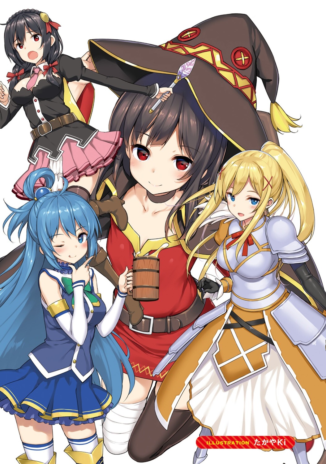 aqua_(konosuba) armor bandages dress dustiness_ford_raratina heels kono_subarashii_sekai_ni_shukufuku_wo! kono_subarashii_sekai_ni_shukufuku_wo!_megumin_anthology_aka megumin takayaki thighhighs witch