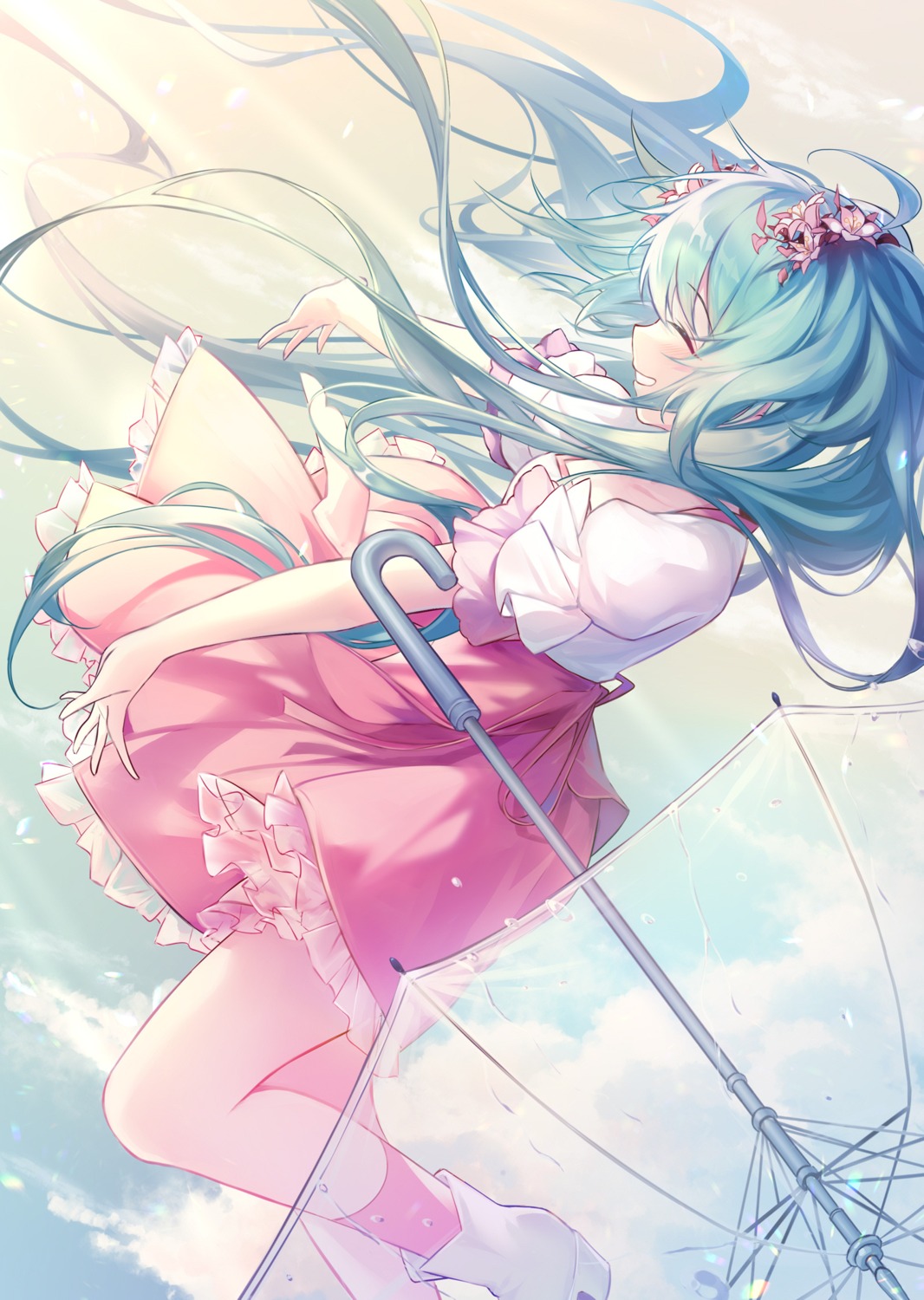 hatsune_miku melt_(vocaloid) skirt_lift umbrella vocaloid zhong_chai